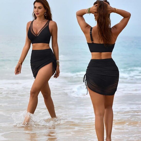 Women's High Waisted Bikini Set with Mesh Sarong Wraps - Picture 5 of 6